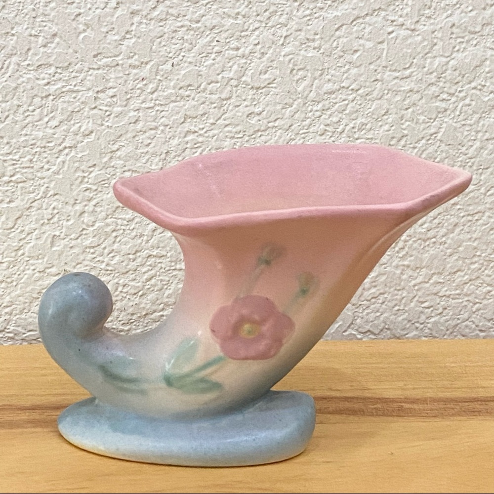 Vintage 40s HULL Pottery Dogwood Wild Rose Pink & Blue Cornucopia Small Vase
